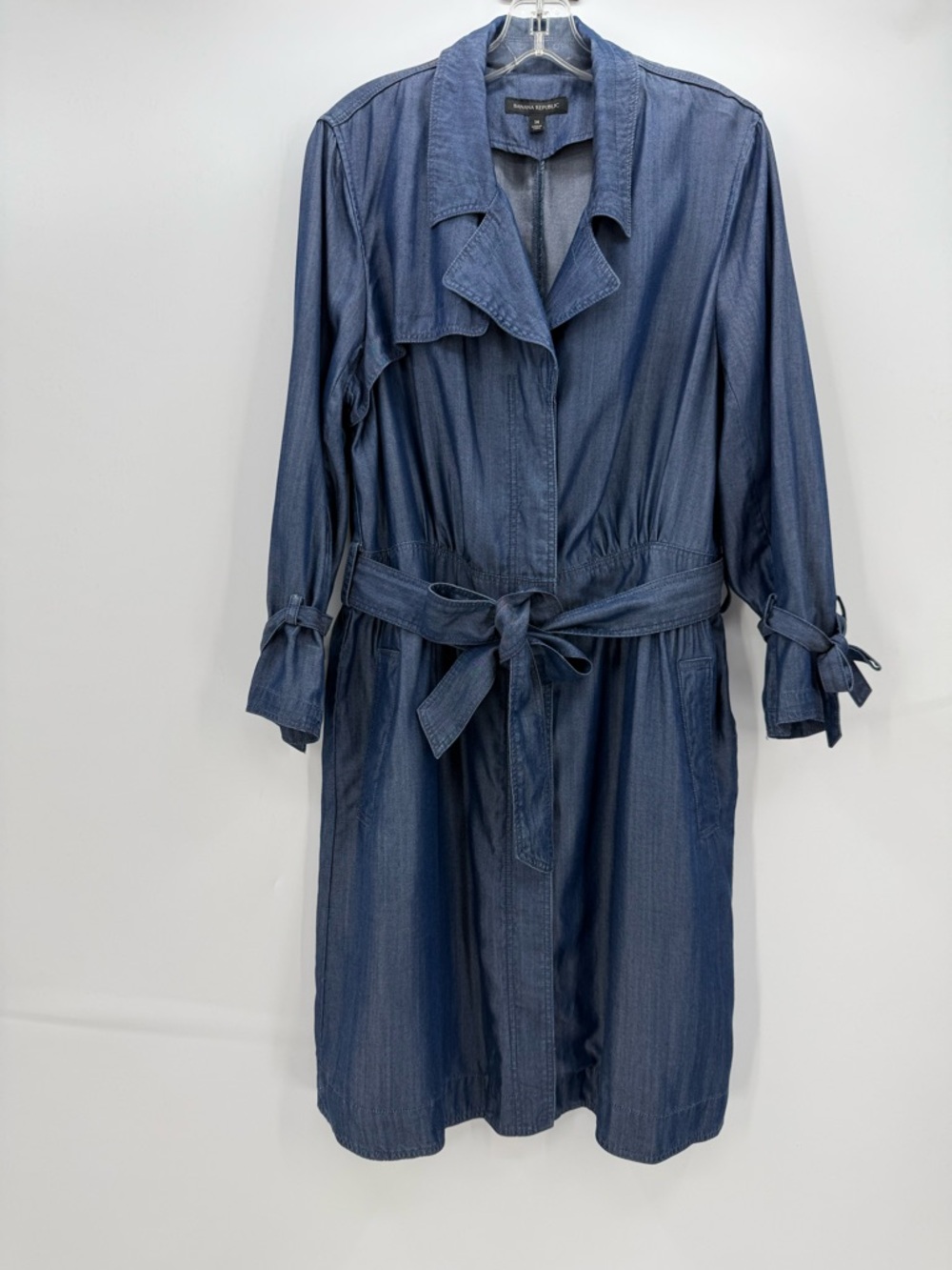 Banana Republic Chambray Denim Trench Coat Dress Belted Blue Lightweight Jacket - Picture 7 of 15